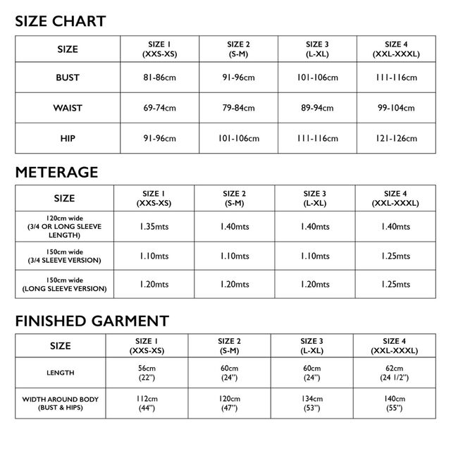 Tessuti - Mandy Boat Tee Pattern (UK XXS-3XL) / Mandy Boat Tee Tessuti size chart