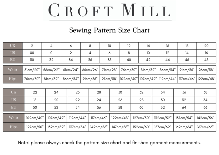 Croft Mill Sewing Pattern Size Guide