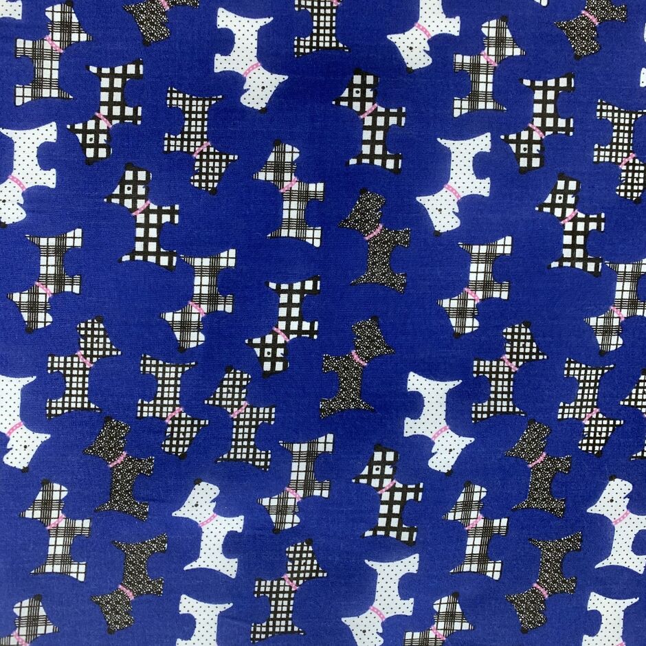 Christmas poly cotton scotty dog royal blue - pattern