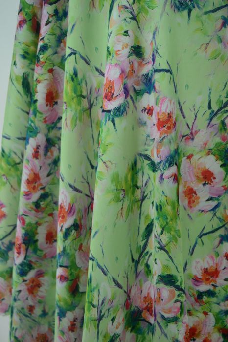 Silky Satin - Meadow Lark - polyester digital print dress fabric - d